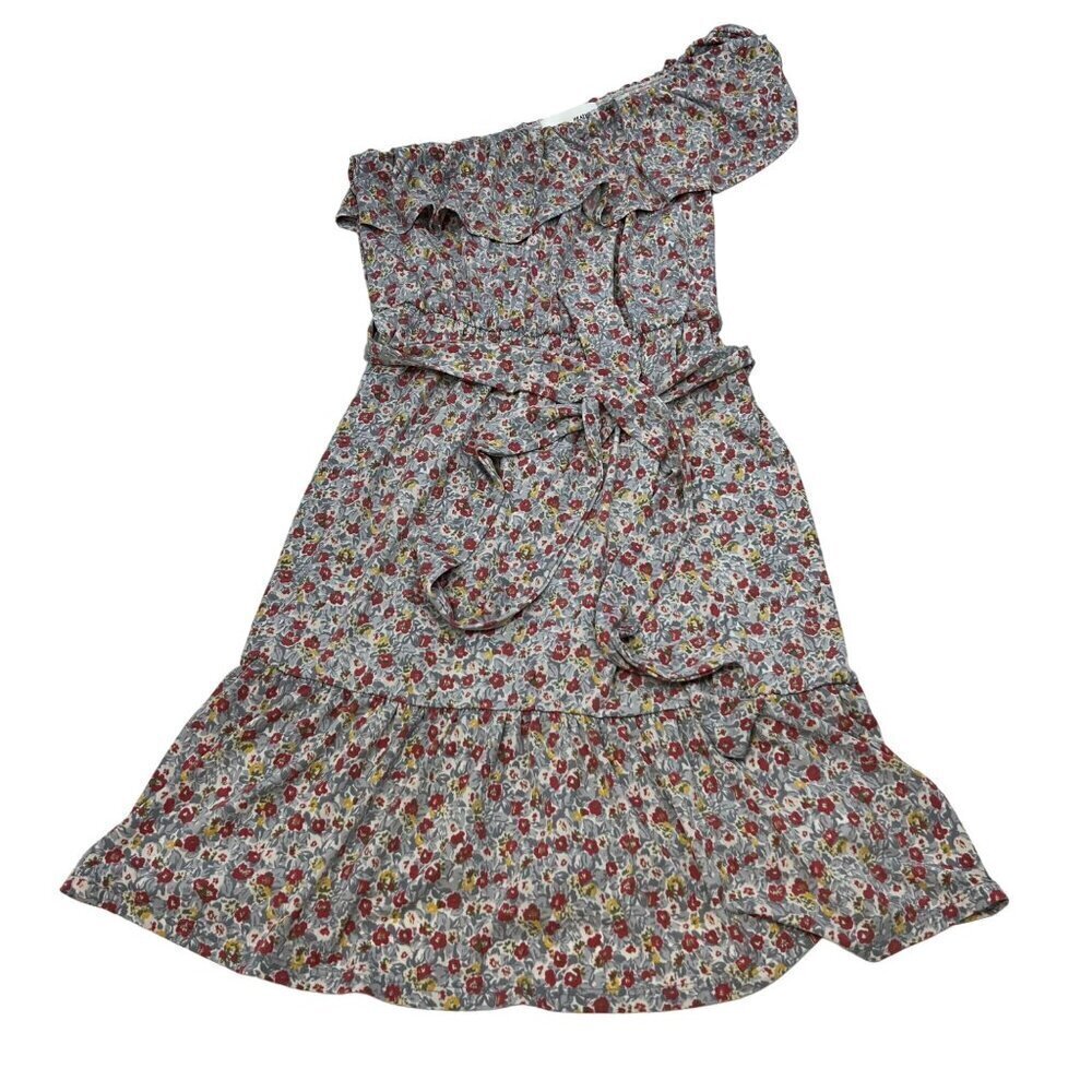 Heatherly Women’s One Ruffle Shoulder Belted A-Line Dress Gray/Multi Floral S